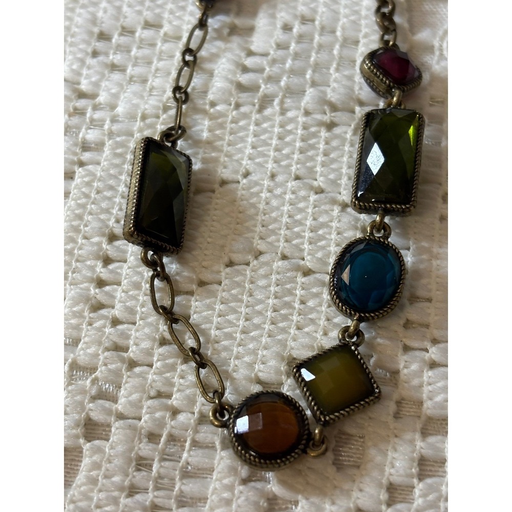 Avon N Ricci Multi Color Faux Gemstone Station Necklace Antique Brass Tone Long - Picture 9 of 9